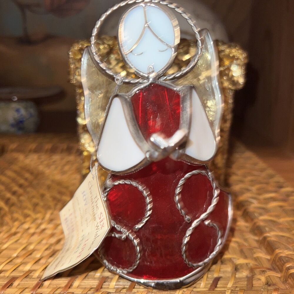 Stained Lead Glass Angel Choir singing Tea Light Candle Holder Red Silver Ganz